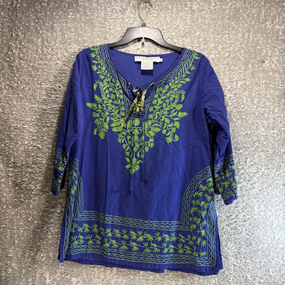 Gretchen Scott Blue Cotton Embroidered Tunic Top L 3/4 Sleeve Beach Coastal